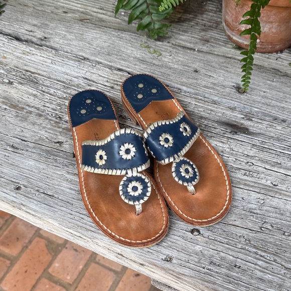 Jack Rogers Shoes - Navy and Brown Leather Sandals with Floral Design